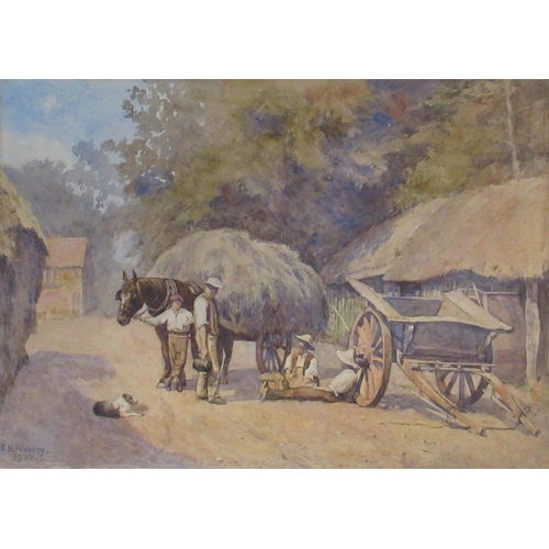 110 - E H Pilsbury, watercolour, figures resting by a hay cart, 10ins x 14ins