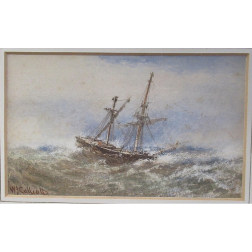 113 - W J Callicott, pair of watercolours, Riding out the Storm and Hauling in the Nets, 4ins x 6.5ins