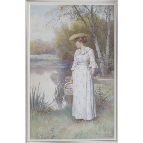 117 - Charles Edward Wilson, watercolour, Lady with a basket walking by water, 16.5ins x 10ins