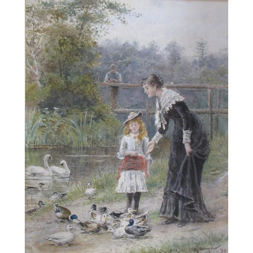 118 - George Goodwin Kilburne, watercolour, Feeding the Ducks, with Haines Fine Art label to reverse, 7.5i... 