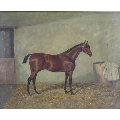 127 - Albert Clark & Son, pair of oil on canvas, bay horses in stable interiors, with monogrammed rugs in ... 