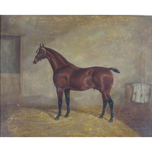 127 - Albert Clark & Son, pair of oil on canvas, bay horses in stable interiors, with monogrammed rugs in ... 