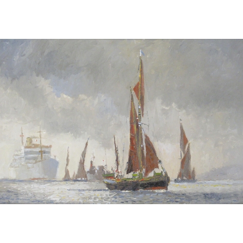 130 - Victor Ellis, oil on board, Thames Barges under Sail, 20ins x 29ins