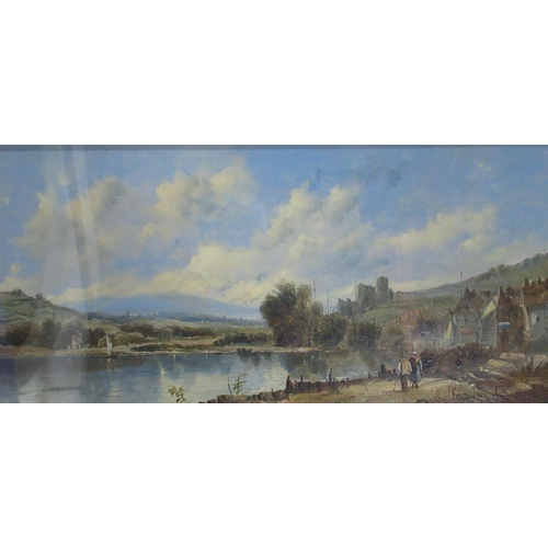 137 - Alfred Vickers, pair oil on canvas, figures by waters edge with buildings and land beyond, 9ins x 15... 