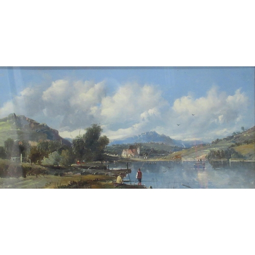 137 - Alfred Vickers, pair oil on canvas, figures by waters edge with buildings and land beyond, 9ins x 15... 