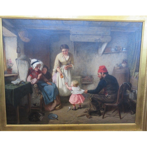 139 - Haynes King, oil on canvas, First Steps, interiors scene with figures a child taking their first ste... 