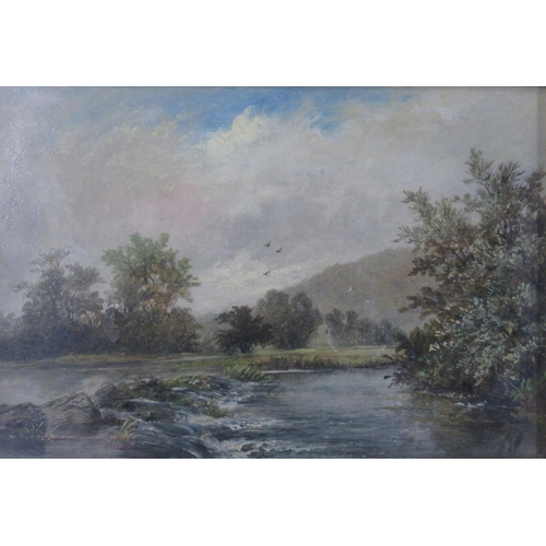 141 - J C Ward, oil on canvas, river landscape, 7ins x 10ins