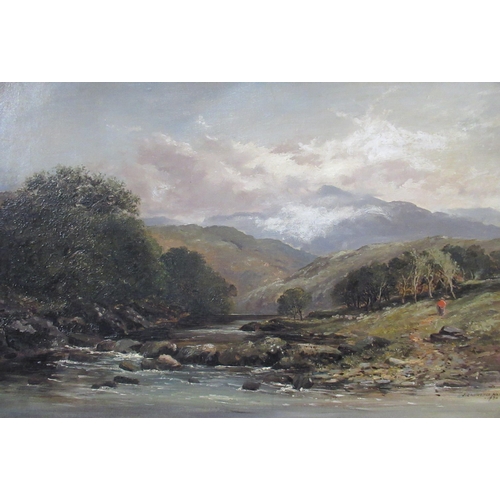 145 - J Laurence Hart, 1876, oil on canvas, rocky stream with figure on path and mountains beyond, 15.5ins... 