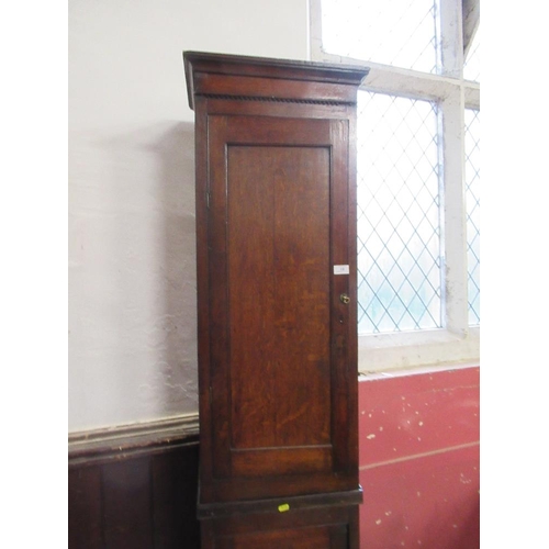 16 - An antique narrow cupboard having two fitted sections with fielded doors,  width 18ins, height 87ins