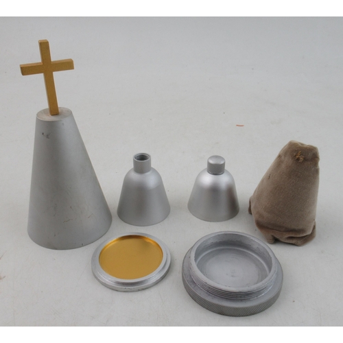 176 - A mid century aluminum portable travelling communion set, stamped to the base P. A. 1966 and numbere... 