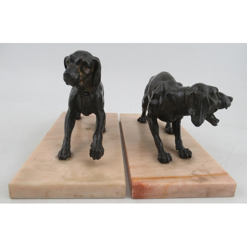 189 - A pair of 19th century bronze models of dogs, raised on square marble bases, width 11.75ins, height ... 