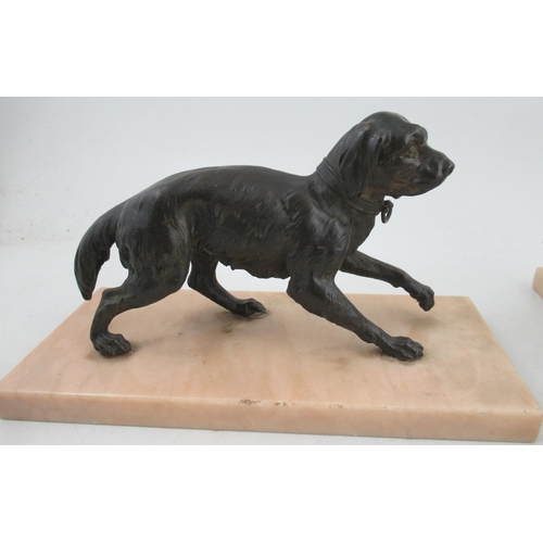 189 - A pair of 19th century bronze models of dogs, raised on square marble bases, width 11.75ins, height ... 