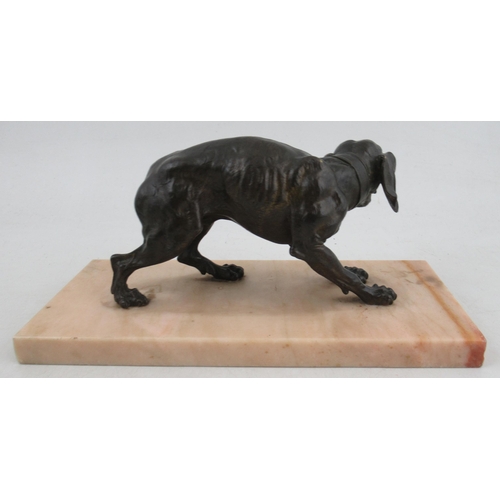 189 - A pair of 19th century bronze models of dogs, raised on square marble bases, width 11.75ins, height ... 