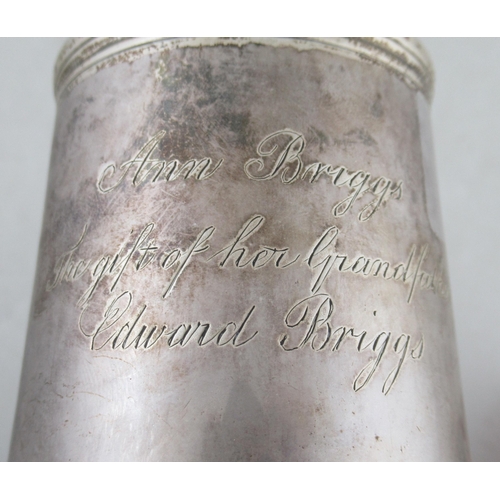 224 - A Georgian Newcastle silver half pint mug, by John Langlands, with engraved script to the front, and... 