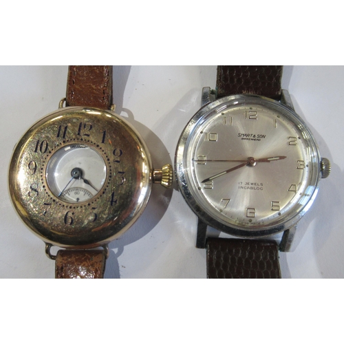 279 - A 9ct gold half hunter cased watch, with blue enamel Arabic numerals chapter ring, on leather strap,... 