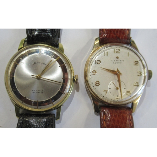 280 - A 9ct cased Zenith Batty wrist watch, with Arabic numerals and subsidiary dial, on leather strap, to... 