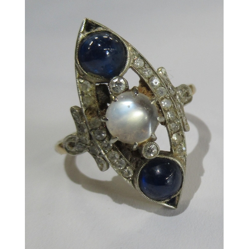 312 - A 9ct sapphire and diamond five stone ring, together with a dress ring set moonstone and cabochon bl... 