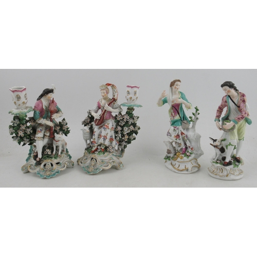 355 - A pair of 18th century Derby style figures, with sheep, and companion figure with floral candle stan... 