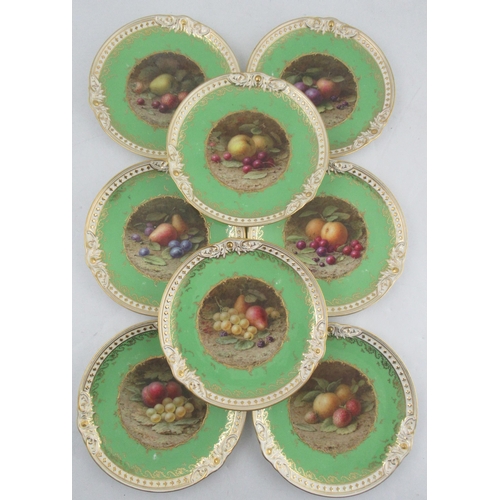 357 - Eight Coalport plates, painted with fruit by F H Chivers, to an apple green and gilt boarder, two pl... 