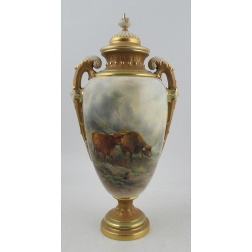 488 - A Royal Worcester covered two handled vase, painted with Highland cattle by J Stinton, with a vignet... 