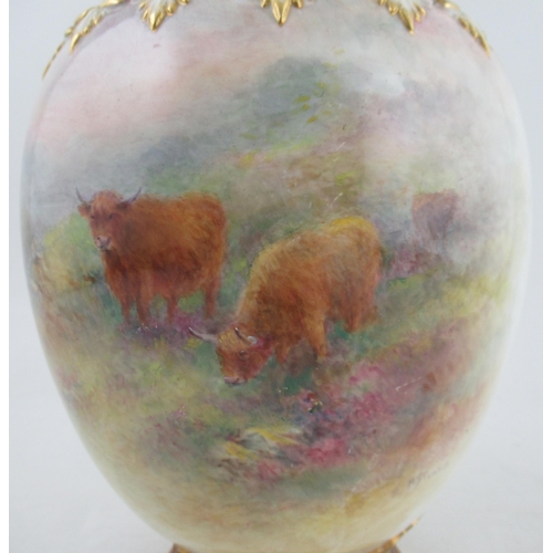 489 - A Royal Worcester crown top pot pourri, decorated with Highland cattle by H Stinton, shape No. 2048,... 