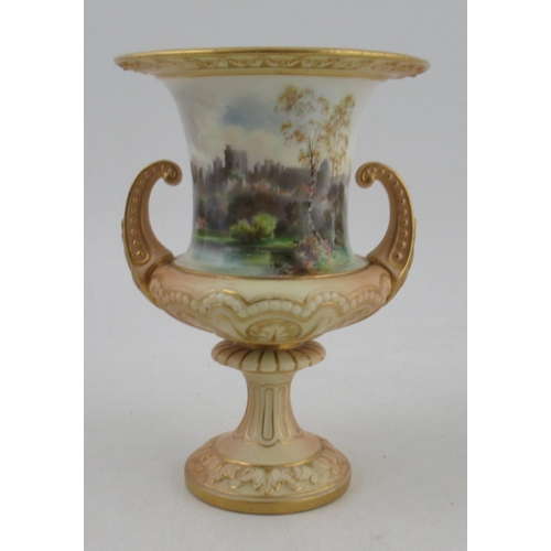 491 - A Royal Worcester campagna shape vase, decorated with a panel of Windsor Castle by Harry Davis, to a... 