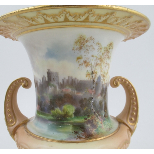 491 - A Royal Worcester campagna shape vase, decorated with a panel of Windsor Castle by Harry Davis, to a... 