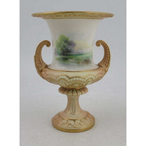 491 - A Royal Worcester campagna shape vase, decorated with a panel of Windsor Castle by Harry Davis, to a... 