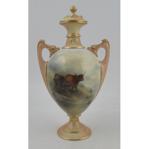 492 - A Royal Worcester covered pedestal vase, decorated with Highland cattle to the front and vignette to... 