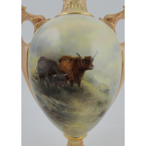 492 - A Royal Worcester covered pedestal vase, decorated with Highland cattle to the front and vignette to... 