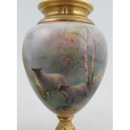 494 - A pair of Royal Worcester pedestal vases, decorated with sheep in a spring woodland with bluebells a... 