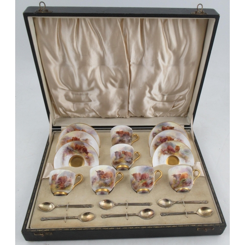 497 - A cased set of Royal Worcester coffee cups and saucers, finely painted with cattle by Stinton