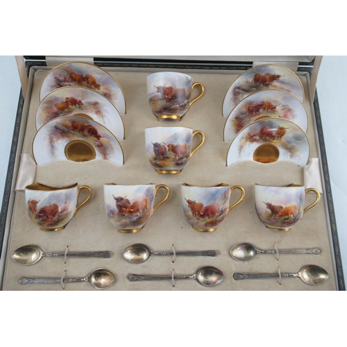 497 - A cased set of Royal Worcester coffee cups and saucers, finely painted with cattle by Stinton