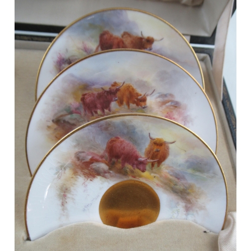 497 - A cased set of Royal Worcester coffee cups and saucers, finely painted with cattle by Stinton