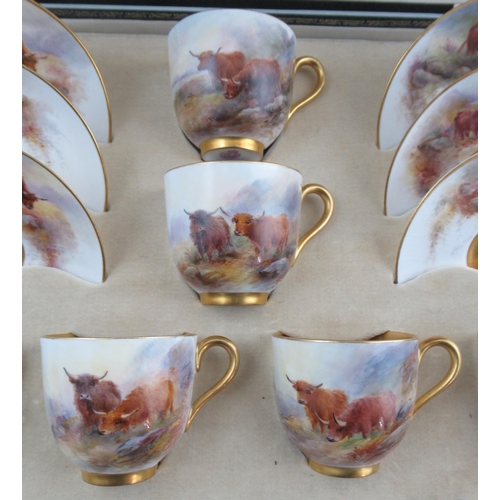 497 - A cased set of Royal Worcester coffee cups and saucers, finely painted with cattle by Stinton