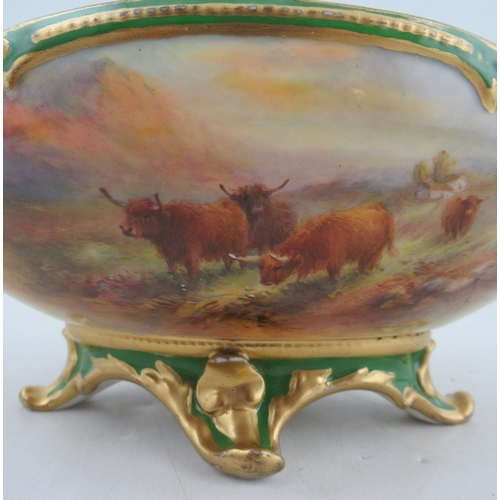 499 - A Royal Worcester boat shaped two handled centre piece, decorated with a panel of Highland cattle by... 