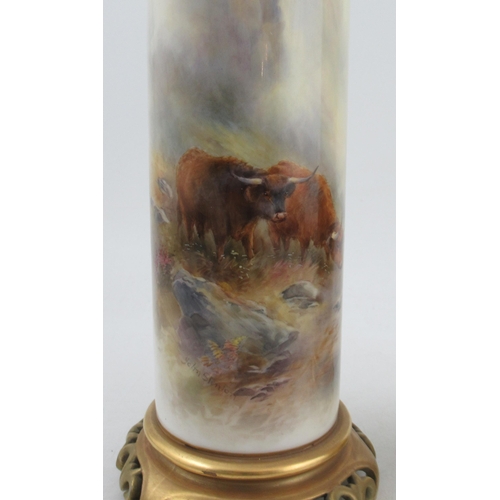 500 - A pair of Royal Worcester spill vase, finely painted with Highland cattle by John Stinton, raised on... 