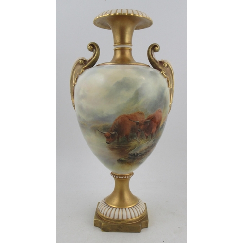 501 - A Royal Worcester pedestal vase, fully painted with Highland cattle watering by John Stinton, shape ... 