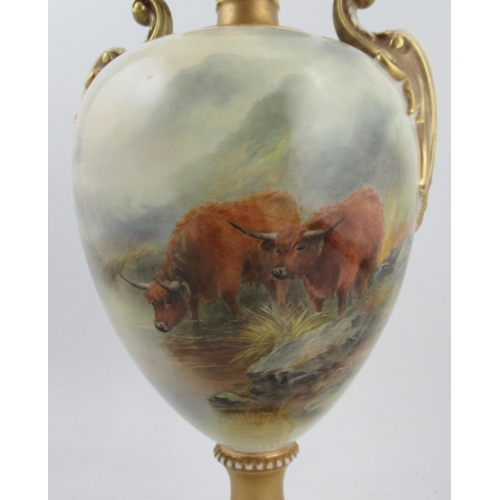 501 - A Royal Worcester pedestal vase, fully painted with Highland cattle watering by John Stinton, shape ... 