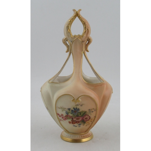 502 - A Royal Worcester blush ivory basket vase, decorated with four floral panels, shape number G493, af,... 