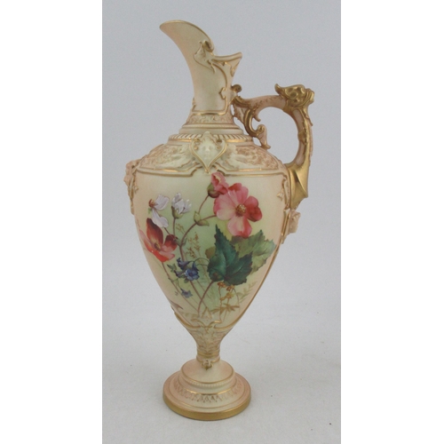 505 - A Royal Worcester blush ivory pedestal ewer, decorated with field flowers and poppies, attributed to... 