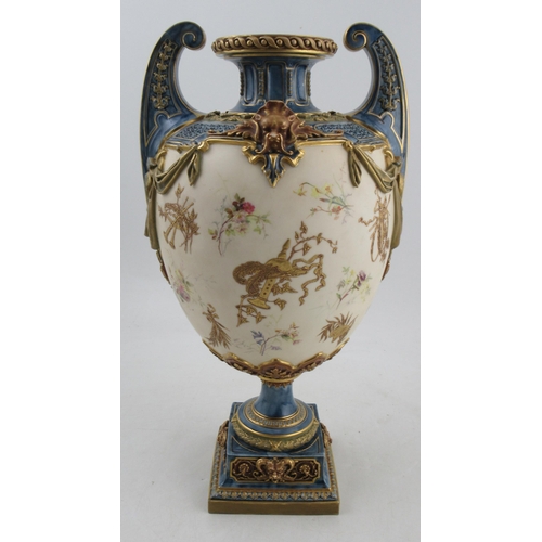 507 - A Royal Worcester Hadleys style pedestal vase, decorated with coloured flowers, gilded fans, harps a... 