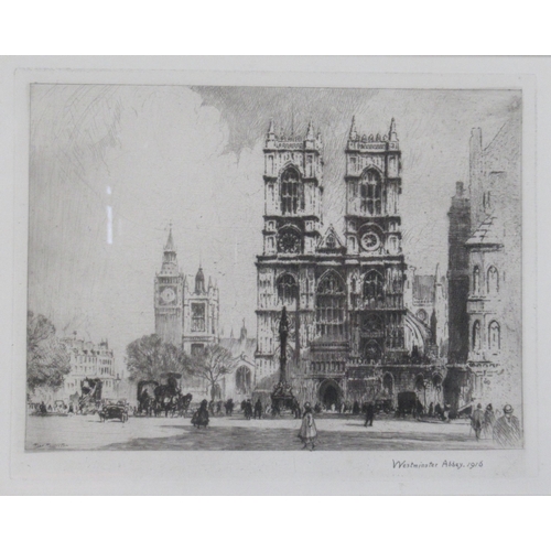 75 - After Percy Robertson, black and white etching, Westminster Abbey 1916, 6.25ins x 8ins