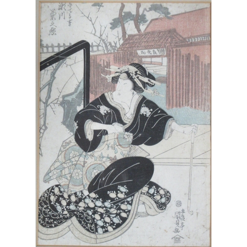 80 - A Japanese woodcut print, in the manner of Kuniusada, 13.5ins x 9.5ins, together with another print ... 