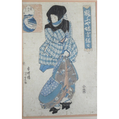 80 - A Japanese woodcut print, in the manner of Kuniusada, 13.5ins x 9.5ins, together with another print ... 