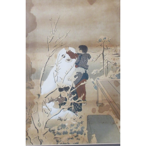 81 - A pair of Japanese prints, figures in a garden, together with three other various Oriental prints, 1... 