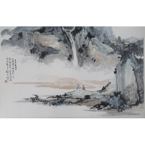 84 - An Oriental colour print, figures in landscape, with script, 19ins x 29.5ins