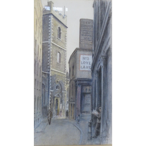 95 - R G Mathews, pencil and watercolour, Love Lane from Eastcheap by the Tower of St Mary-at-Hill, 14.5i... 