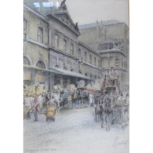 96 - R G Mathews, pencil and watercolour, Billingsgate Market 1939, 15ins x 10.5ins