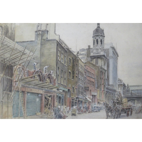 97 - R G Mathews, pencil and watercolour, Lower Thames Street 1939, 11.75ins x 17.5ins